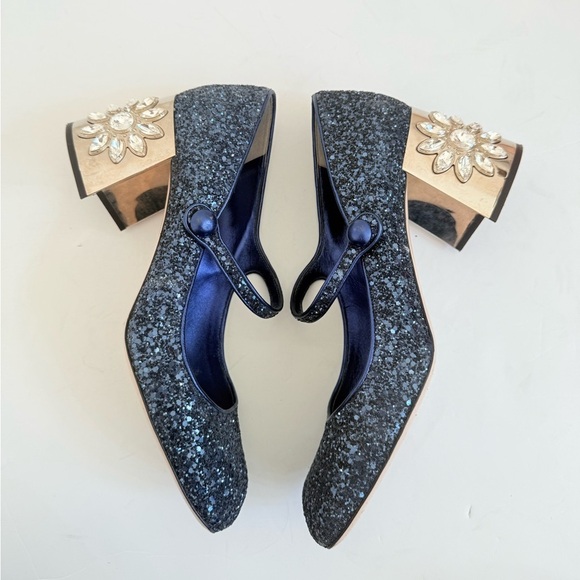 Miu Miu Midnight Blue Glitter Rhinestone embellished Mary Jane Pumps EU 38.5 - Picture 3 of 11